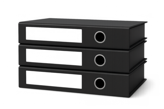 Black ring binders stacking, storing important company documents, organizing office files, archiving data, transparent background