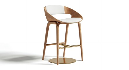 A modern wooden bar stool with a white upholstered seat and backrest, set against a white background.