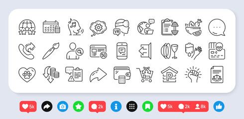 Calendar, Cogwheel and Parking line icons pack. Social media: share, comment, like icons. Outsource work, Blood, Sign out web icon. Voicemail, Share call, Cross sell pictogram. Vector