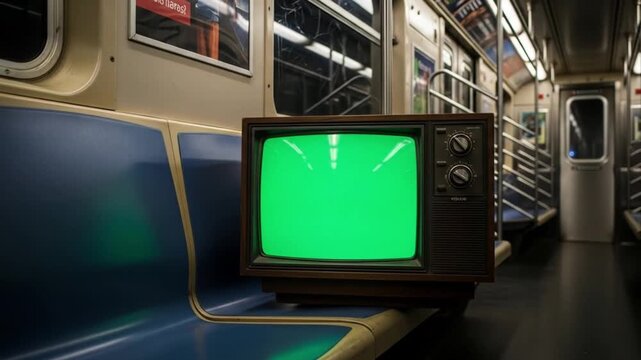 Retro television with green screen on moving subway train for your creative video projects, perfect for vintage scenes and modern storytelling