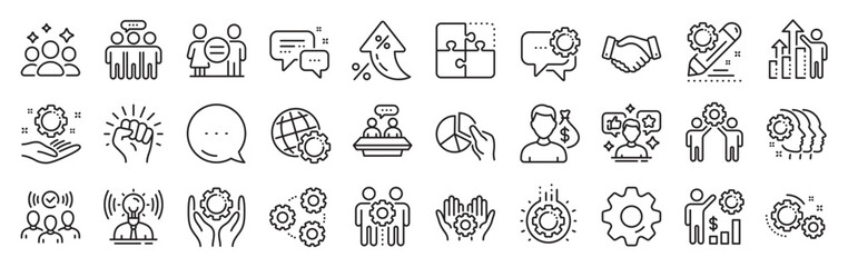 Employees benefits line icons. Settings gear, Message, Inflation icons. Business strategy, handshake and people collaboration. Teamwork, social responsibility, people relationship icons. Vector