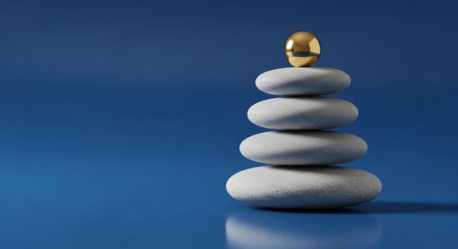 Golden Sphere Balanced on Zen Stones with Blue Background perfect for website banner, financial reports, wellness blogs, corporate presentations, - Powered by Adobe