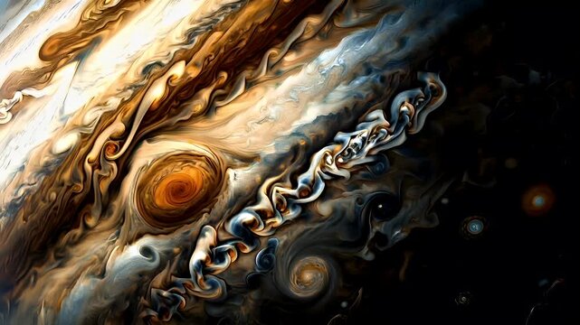 Planet Jupiter closeup. A vivid and detailed digital artwork of a celestial body, possibly a planet, with swirling patterns and a rich palette of blues, browns, and golds.