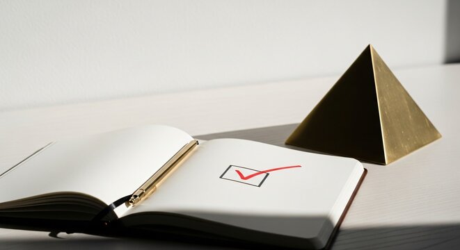 Success Checkmark in Notebook with Golden Pyramid perfect for business presentation, website banner, blog post, marketing campaign, educational