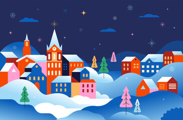 Winter town colorful geometric Christmas background.