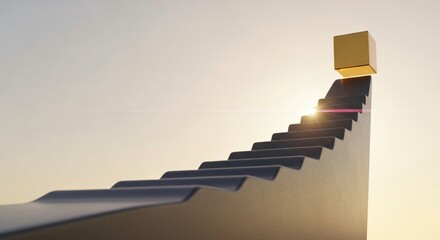 Stairway to Success with Golden Cube and Horizon Light perfect for business presentations, motivational content, website banners, financial reports,