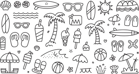 Black and white doodle collection of summer beach vacation elements illustration