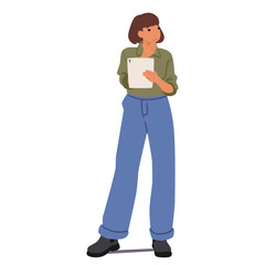 Pensive young casual businesswoman cartoon character thinking on task holding mobile tablet in hands