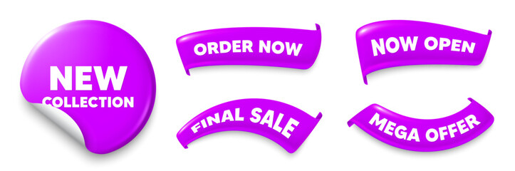 New collection purple sticker, Sale offer ribbons. Final sale, Order now. New collection tag. New fashion arrival sign. Advertising offer symbol. Sticker badge. Flag ribbon banners. Vector