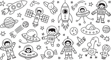 Fototapeta premium Whimsical doodle sheet of astronauts rockets planets and U F Os in black and white space alien