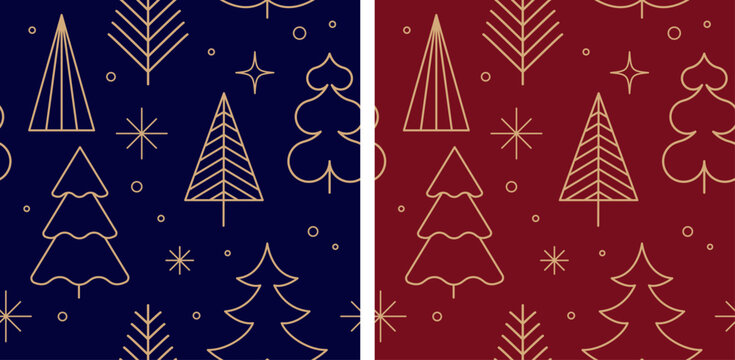 Seamless winter background pattern with linear Christmas trees and snowflakes.