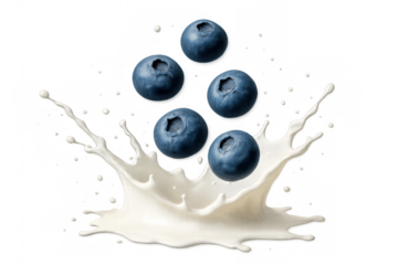 Fresh blueberries falling into a milk splashing crown, creating a vibrant mix for healthy drinks, on transparent background