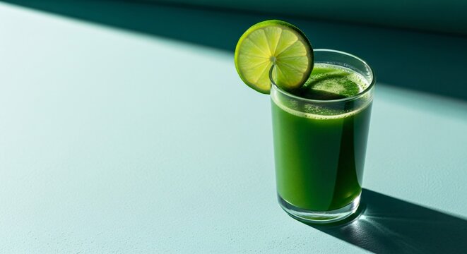 Refreshing Green Detox Juice with Lime on Blue perfect for website banner, blog post, social media content, health marketing, wellness blog, recipe