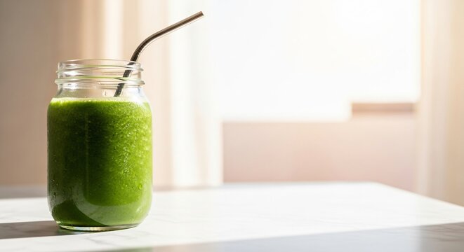 Vibrant Green Smoothie in Sunny Window Light perfect for Health blog, wellness website, recipe book, social media marketing, diet plans, clean eating