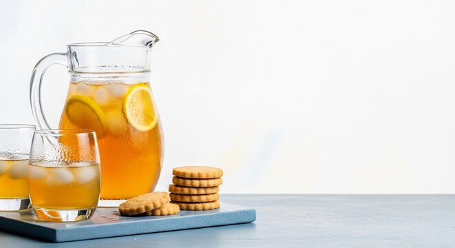 Refreshing Iced Tea Pitcher with Lemon Slices and Cookies on White Background perfect for website banner, social media post, blog header, recipe