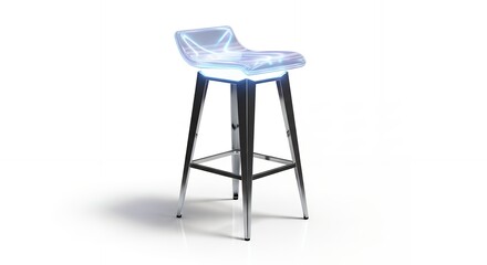 A modern illuminated bar stool with a glowing translucent seat and polished metal legs, isolated on a white background.