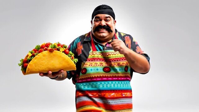 A man in an apron holding a taco in his hand
