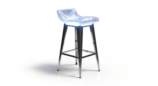 A modern illuminated bar stool with a glowing translucent seat and polished metal legs, isolated on a white background.
