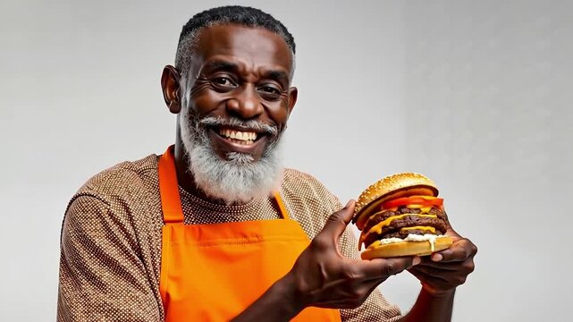 A man in an orange apron holding a hamburger in his hands