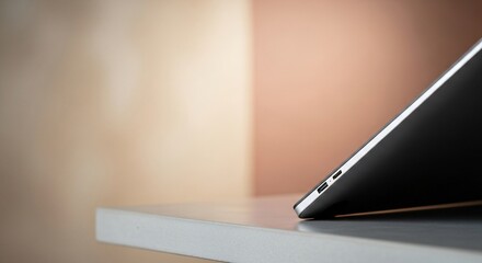 Sleek Modern Laptop Edge with USB-C Ports on Minimalist Background perfect for tech blog header, website banner, article illustration, product feature