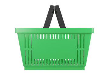 Plastic shopping basket on isolated background. Store empty basket. Supermarket shopping cart. 3d...