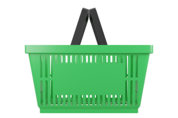 Plastic shopping basket on isolated background. Store empty basket. Supermarket shopping cart. 3d rendering.