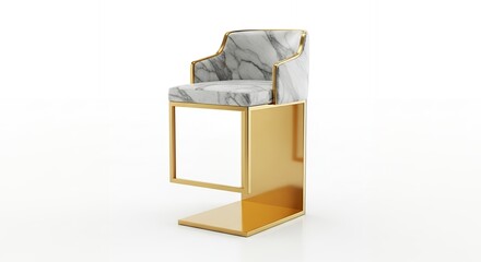 Fototapeta premium Luxurious modern bar stool with white marble pattern and golden metal frame.