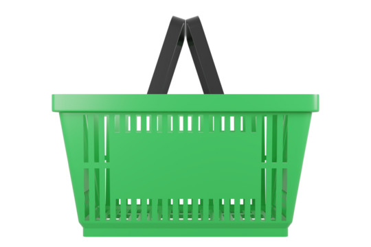 Plastic shopping basket on isolated background. Store empty basket. Supermarket shopping cart. 3d rendering.