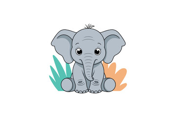 Fototapeta premium Cartoon elephant sitting with foliage against a white background cute art