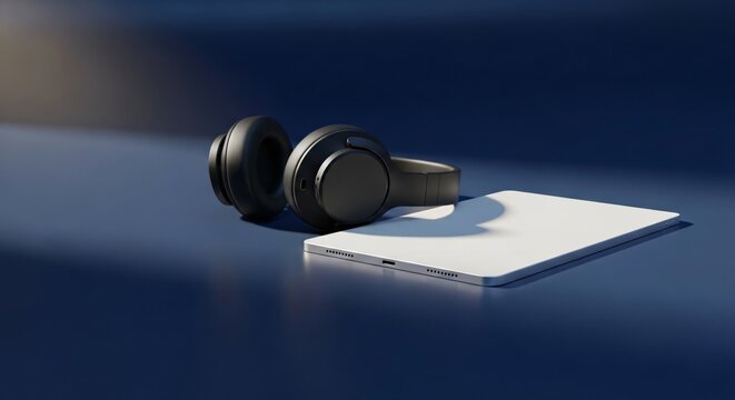 Wireless Headphones and Tablet on Blue with Shadow perfect for technology blogs, product reviews, website banners, social media campaigns, print