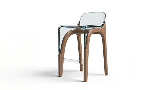 A modern designer bar stool with a curved wooden frame and a transparent acrylic seat, isolated on a clean white background. - Powered by Adobe