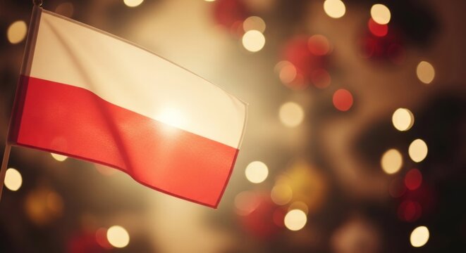 Poland national flag waving with bokeh background. Polish flag symbolizing national pride and patriotism for Independence Day celebration.