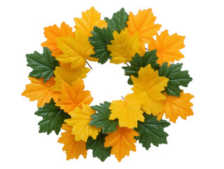 Autumn leaf wreath with vibrant yellow and green maple leaves arranged in circular pattern, symbolizing fall season and festive home decoration, evoking warm and welcoming feeling