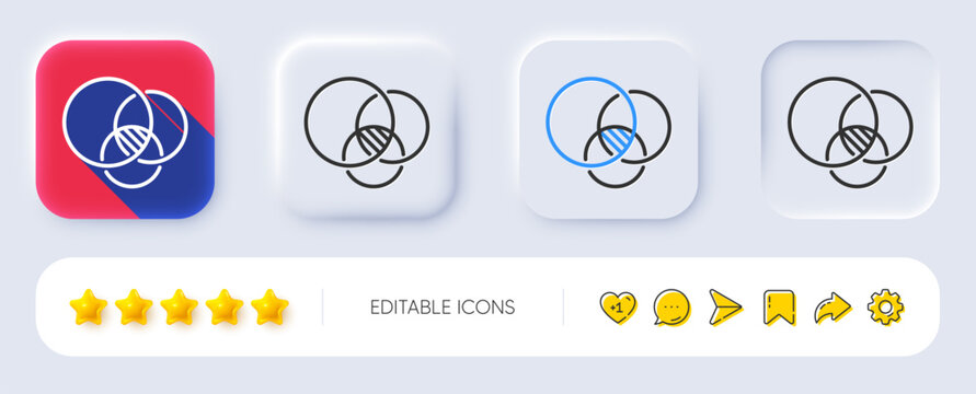 Euler diagram line icon. Neumorphic, Flat shadow, 3d buttons. Eulerian circles sign. Relationships chart symbol. Line euler diagram icon. Social media icons. Vector