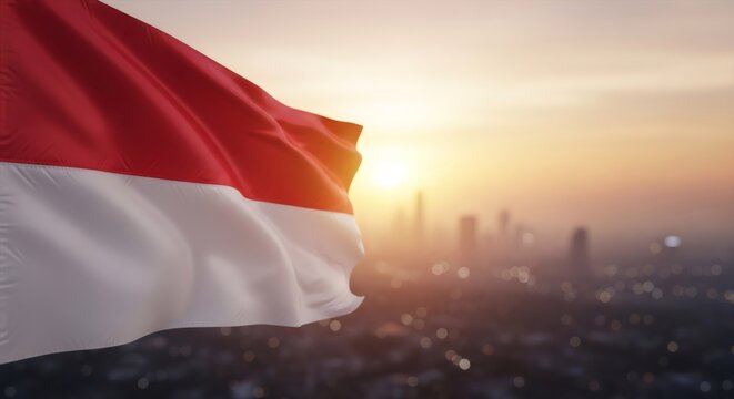 Indonesia flag waving proudly in the wind above a city skyline at sunset. National symbol of independence and freedom for patriotism and travel. - Powered by Adobe