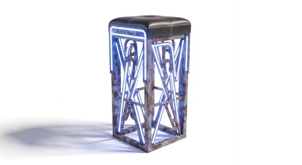 A futuristic cyberpunk bar stool with a black leather seat and glowing blue neon lights on a rusty metal frame, isolated on a white background.