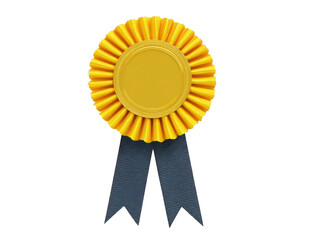 Gold award ribbon with pleated rosette and two dark blue tails, symbolizing achievement, honor, and recognition, often used for competitions, ceremonies, or academic success