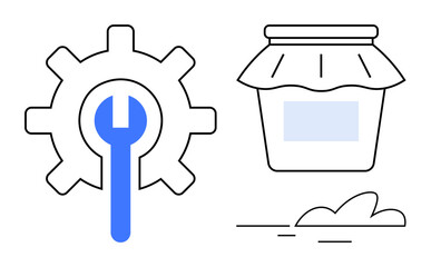 Gear and wrench symbolizing repair, jar with cover representing preservation, with simple details. Ideal for maintenance, technology, food storage, repair, innovation, sustainability clean design