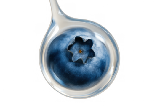 Blueberry fruit encapsulated in a clear liquid drop, representing natural essence, freshness, and healthy ingredients