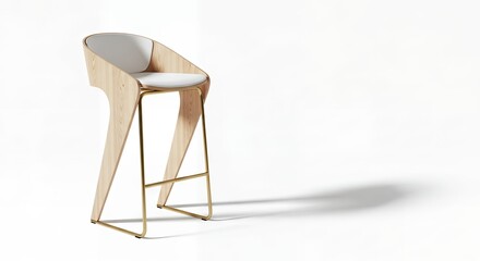 A modern light wood and brass bar stool with a white upholstered seat, isolated on a white studio background with a soft shadow.