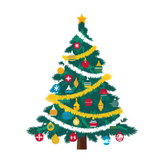 Decorated Christmas Tree with Baubles and Garland Isolated

