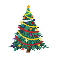 Decorated Christmas Tree with Baubles and Garland Isolated

