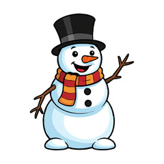 Cheerful Snowman Waving with Top Hat and Scarf Illustration

