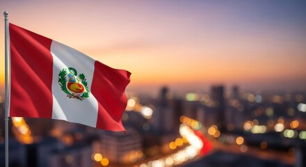 Peru flag waving proudly over a blurred city skyline at sunset. National symbol of Peru for Independence Day celebration.