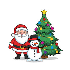 Santa Claus and Snowman by Decorated Christmas Tree


