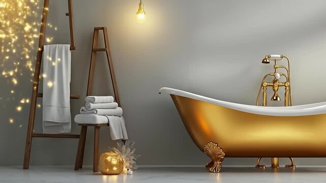 A bathtub sitting in a bathroom next to a ladder