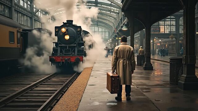 A man walking down a train station with a suitcase