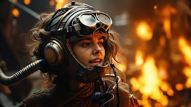 A woman wearing a helmet and goggles in front of a fire