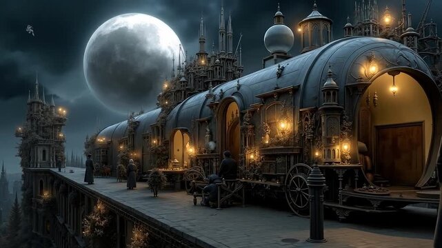 A man in a top hat standing in front of a train station at night