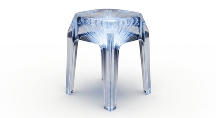 A transparent hexagonal stool with internal fiber optic lighting, casting a bright glow.
